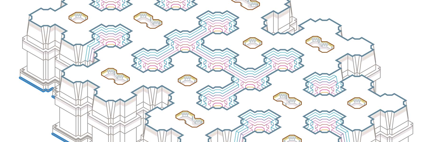 A digital white and blue structure.