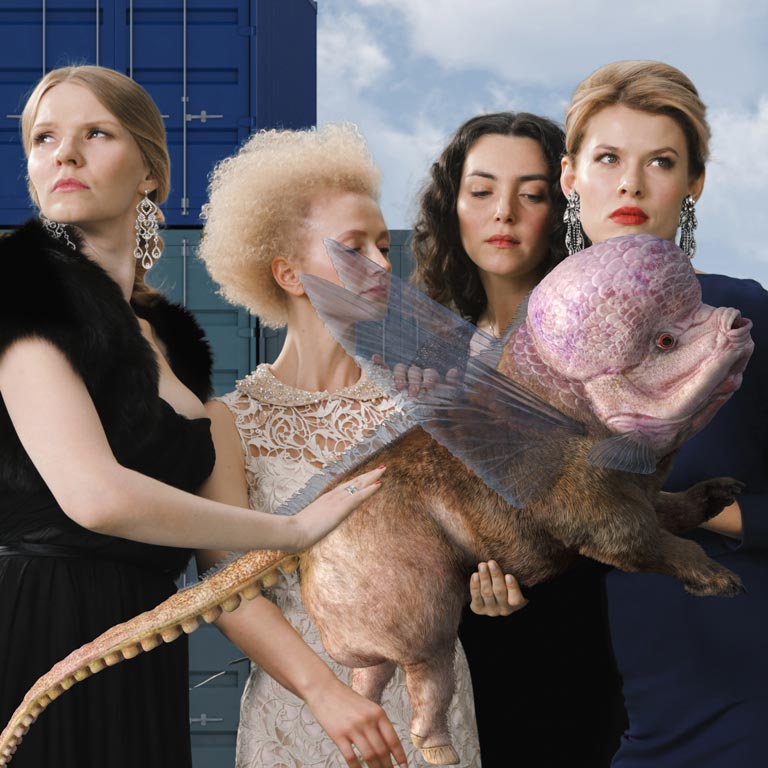 Artwork of people holding a creature.