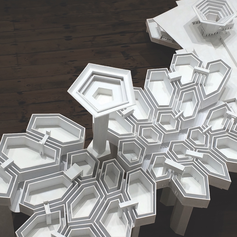 A white modern art sculpture.