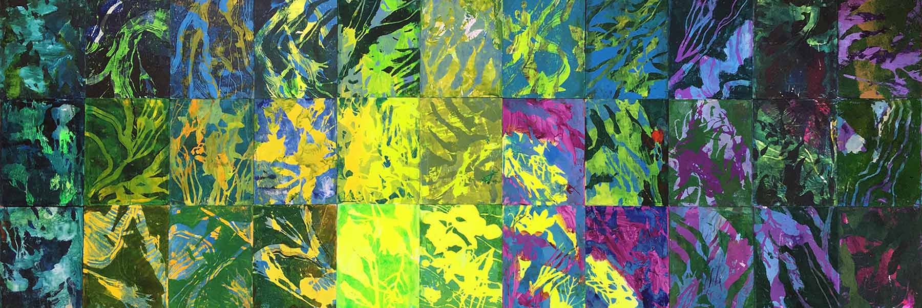 A painting made up of a series of painted squares using shades of green, blue, purple and orange.