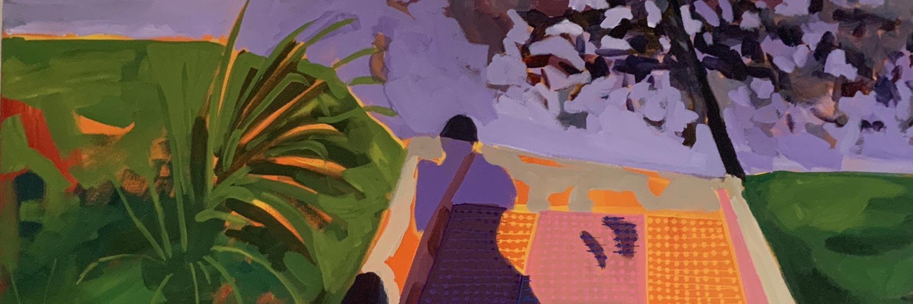 A painting of a shadow of a person using purples, oranges, pinks, and greens.