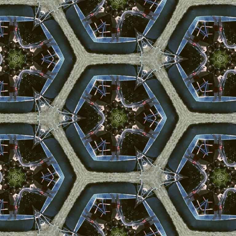 A kaleidoscope-like image of a young person in a small pool outside.  