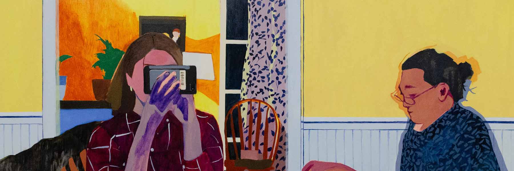 A painting of two people at a table, one seeming taking a photo of the painter with their phone.