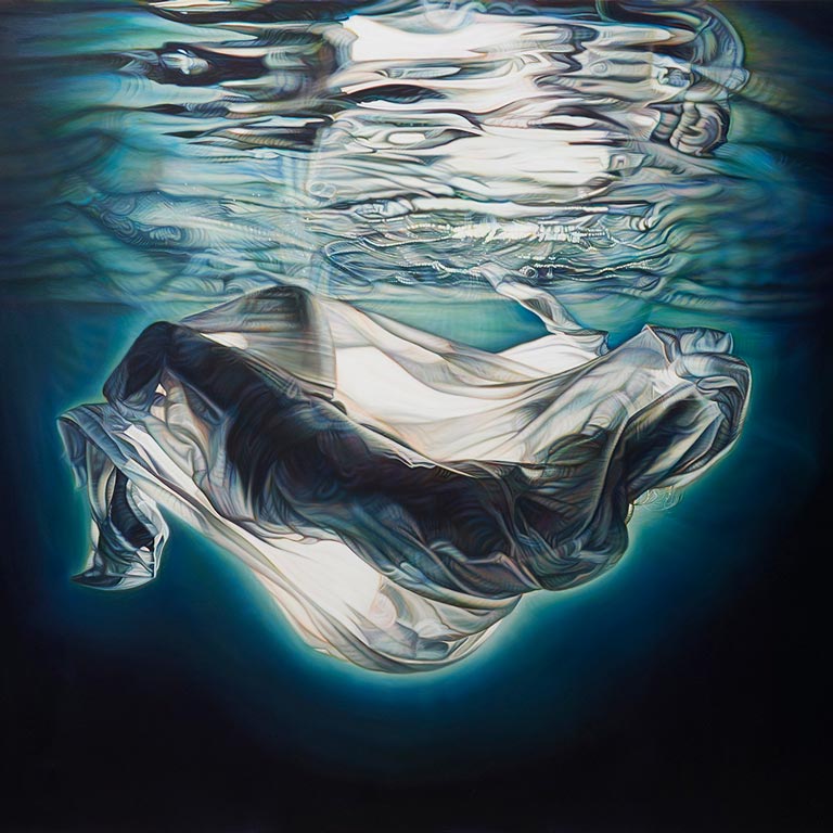 A drawing of a woman in a dress underwater. 