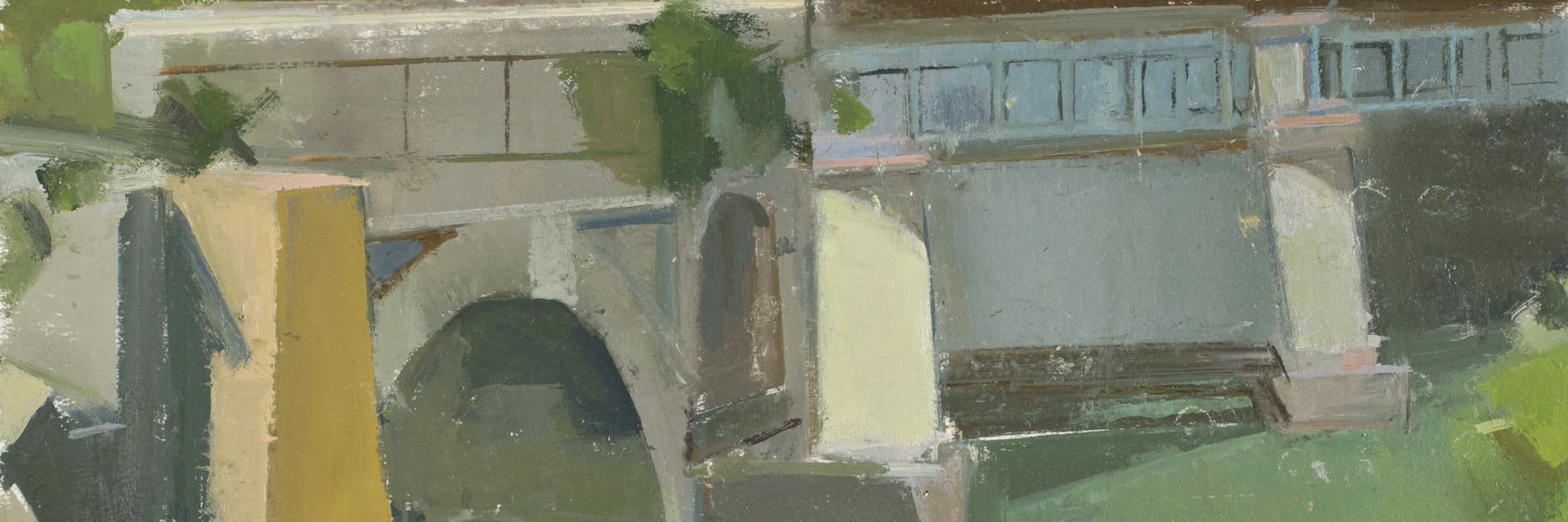 A painting of an architectural outdoor scene using shades of green.
