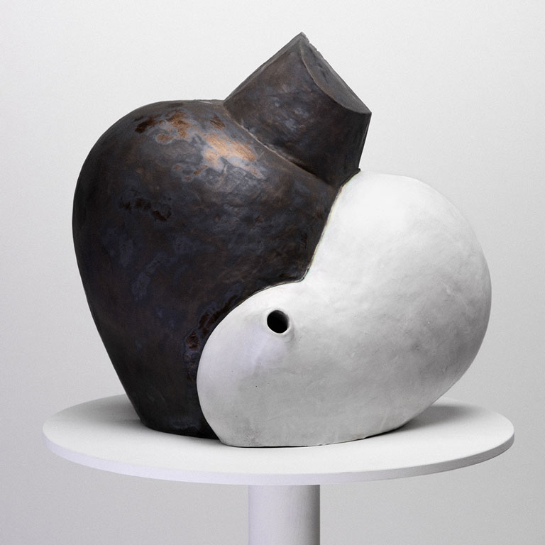 A black and white ceramic vessel