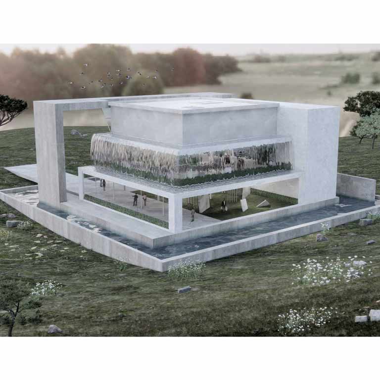 A mockup of a stone temple with a level that has falling water, and open main floor. It is surrounded by nature. 