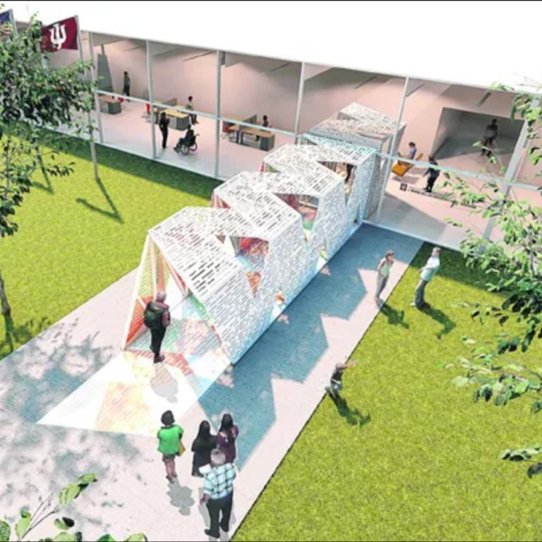 A sculpture that people can walk through that looks like connected Vs