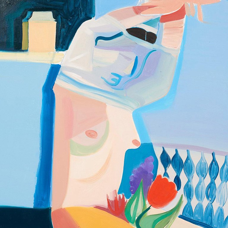 A painting of a person taking off their shirt